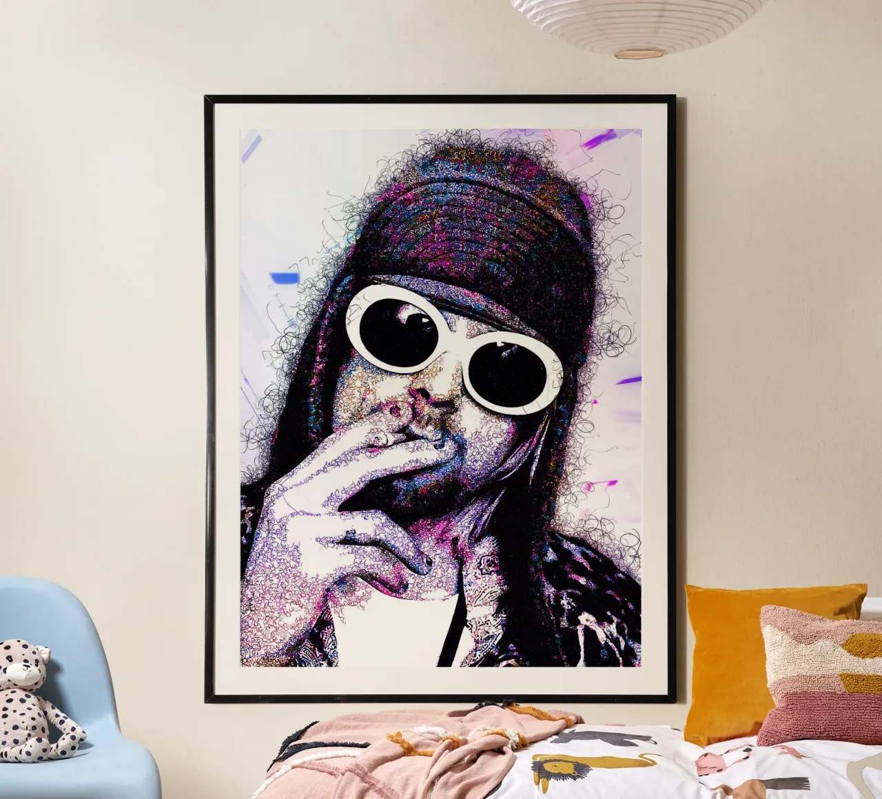 Scarabocchio di Kurt Cobain poster con telaio in alluminio da neonartroom