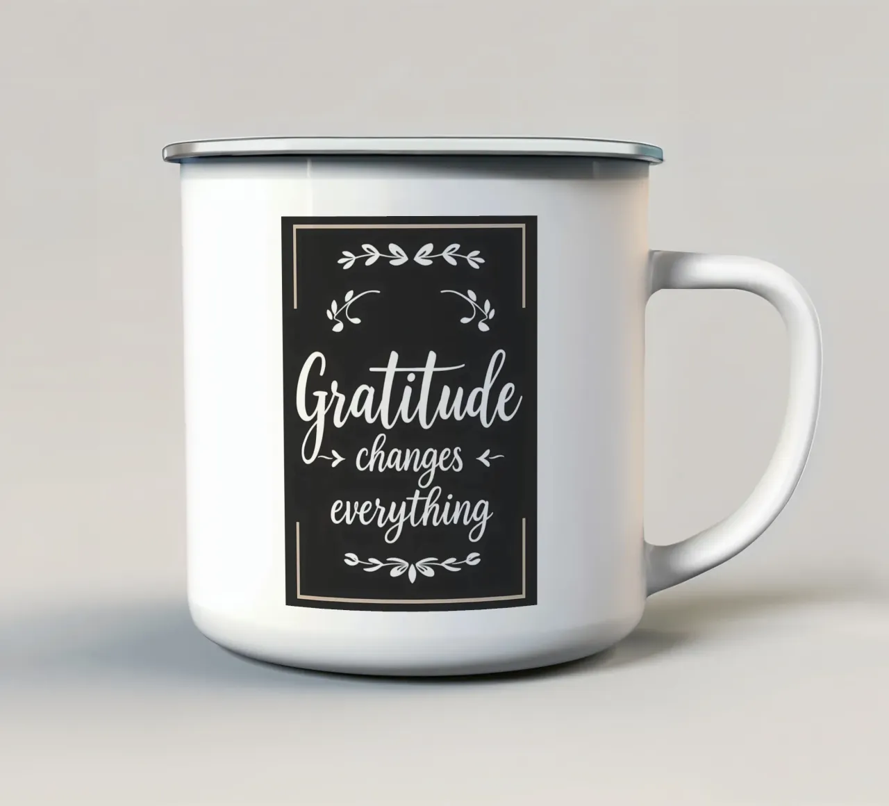 Gratitude Changes Everything enamel mug by inspirational quote
