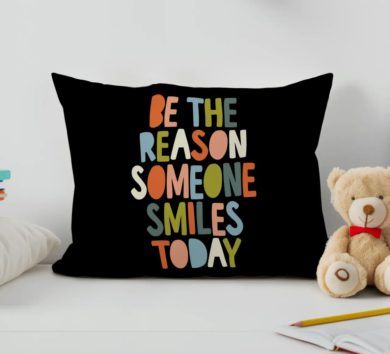 Be the Reason Someone Smiles Today Colourful Typografie decorative cushion by THE MOTIVATED TYPE