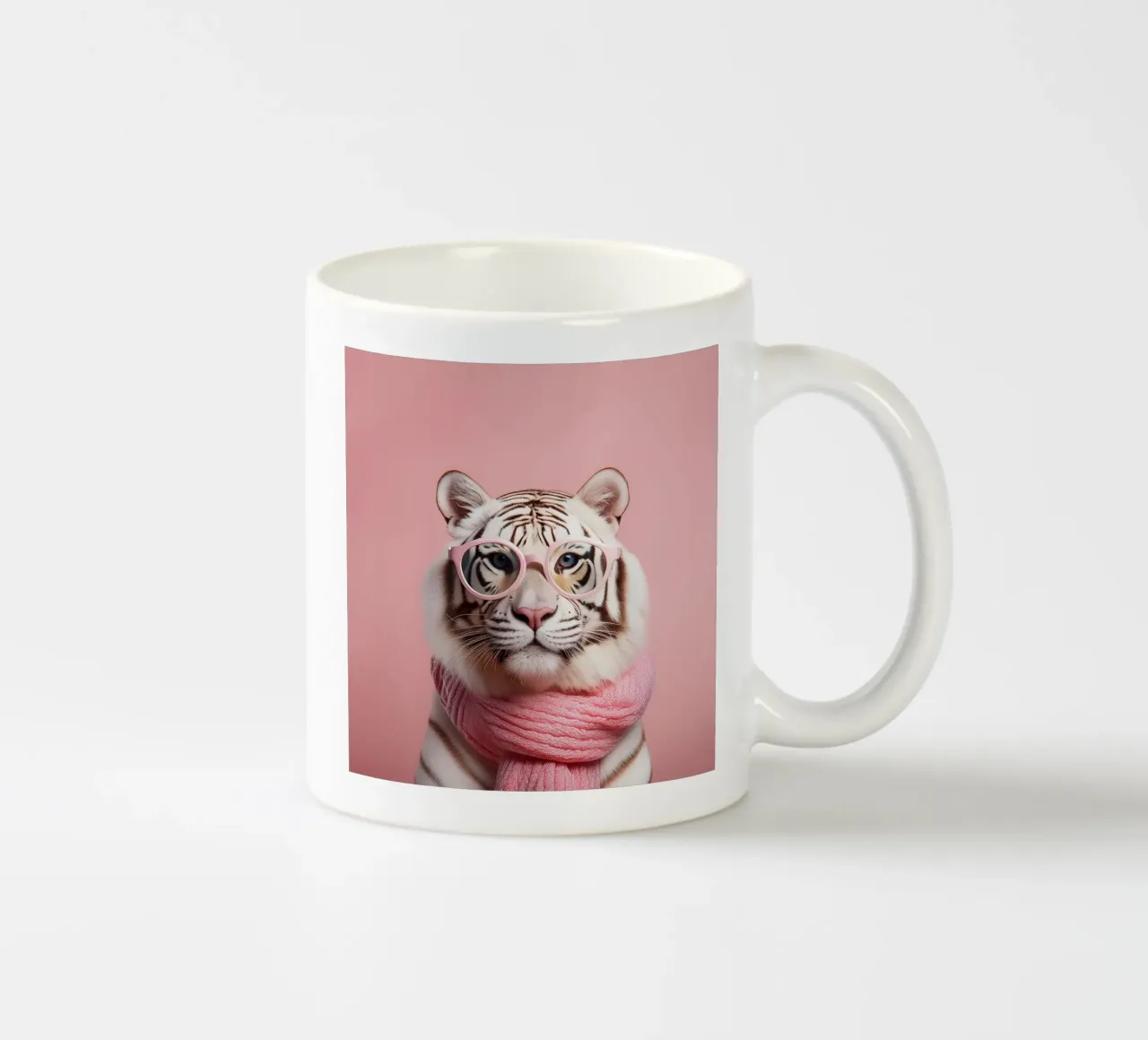 Stylish White Tiger in Pink Scarf and Glasses | Fun and Fash ceramic mug by FlexiDesignsByK