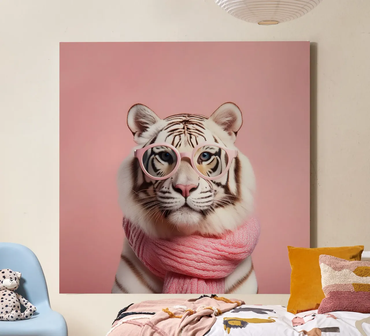 Elegante tigre bianca con sciarpa e occhiali rosa | Fun and Fash tela con Cornice a cassetta da FlexiDesignsByK