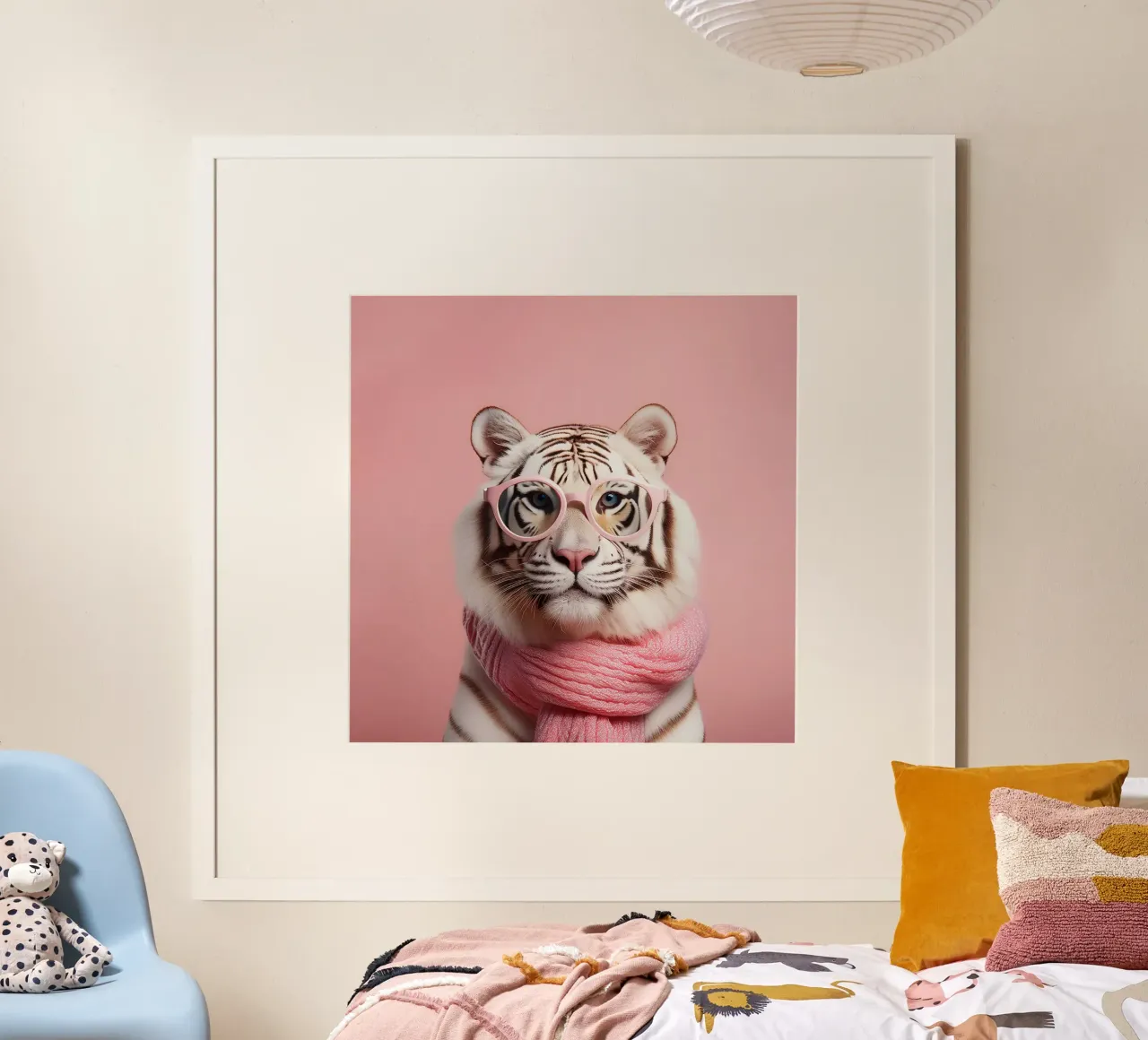Elegante tigre bianca con sciarpa e occhiali rosa | Fun and Fash poster da FlexiDesignsByK