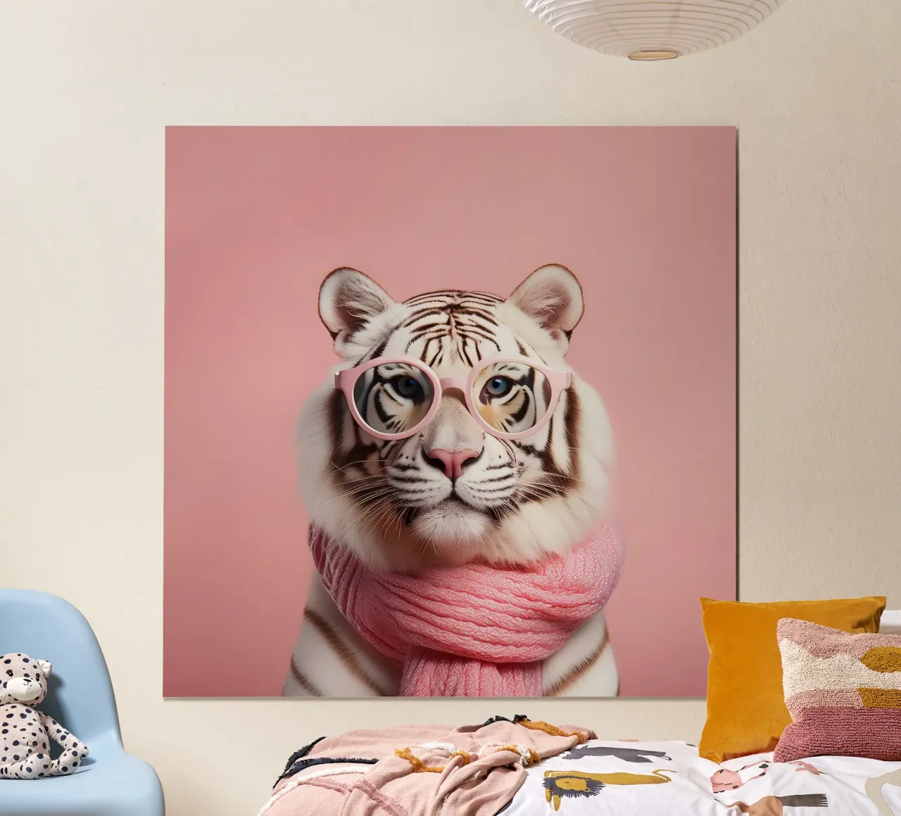 Elegante tigre bianca con sciarpa e occhiali rosa | Fun and Fash poster da FlexiDesignsByK