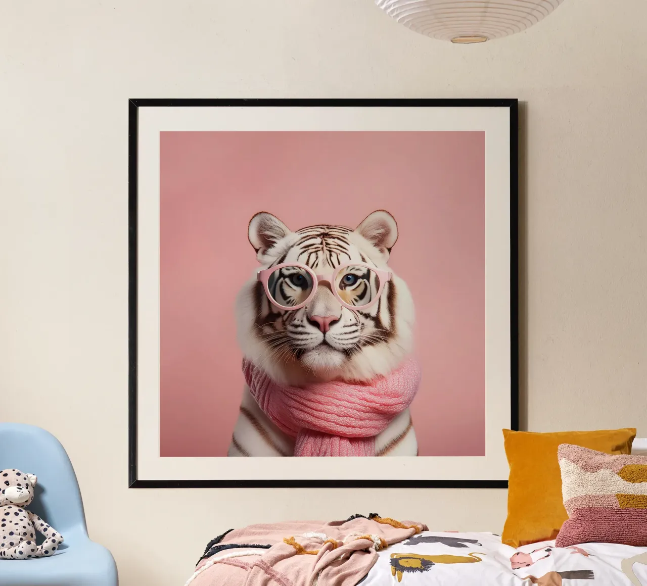 Elegante tigre bianca con sciarpa e occhiali rosa | Fun and Fash poster da FlexiDesignsByK