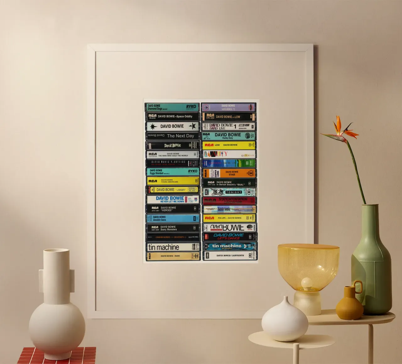 David Bowie - Collected Music Cassettes - Impresión artística poster con marco de plástico de MrMustardPrints