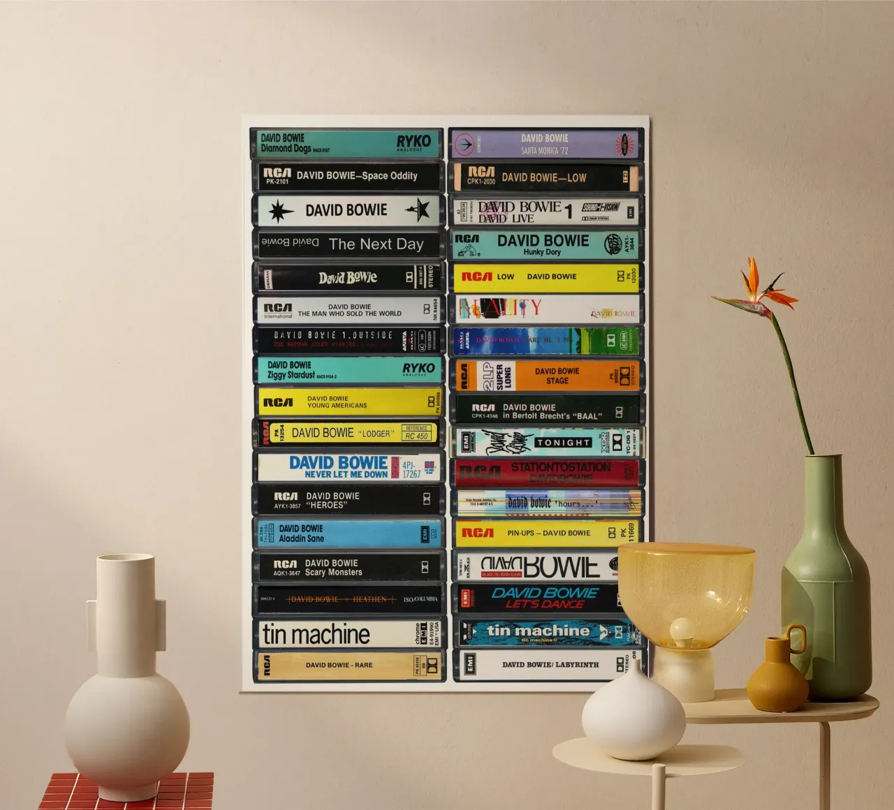 David Bowie - Collected Music Cassettes - Impresión artística poster con marco de plástico de MrMustardPrints