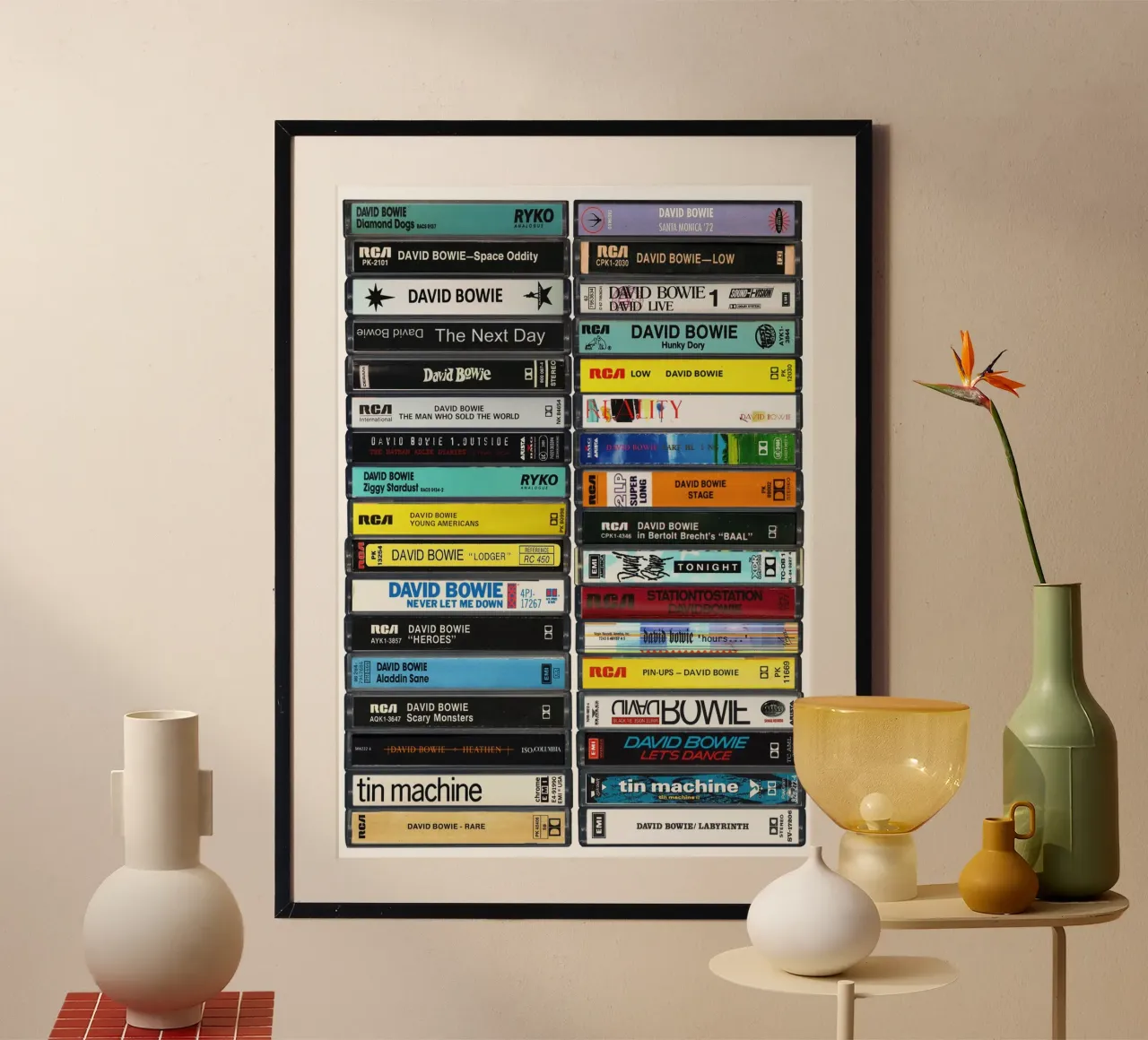 David Bowie - Collected Music Cassettes - Impresión artística poster con marco de plástico de MrMustardPrints