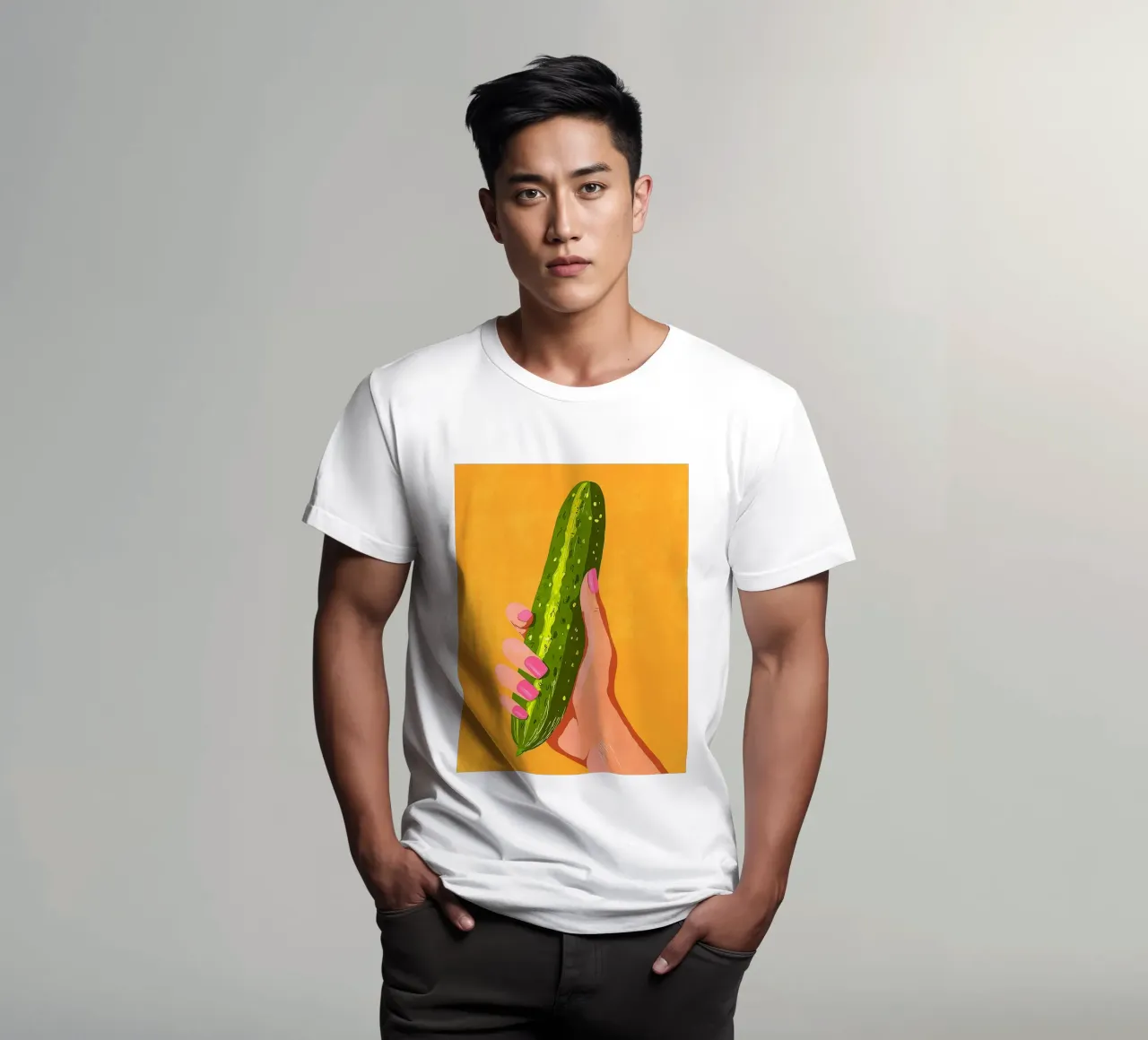 Pink fingernails and cucumber t-shirt by Carinaprint