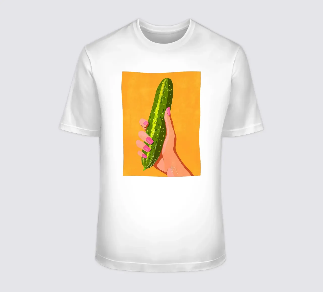 Pink fingernails and cucumber t-shirt by Carinaprint