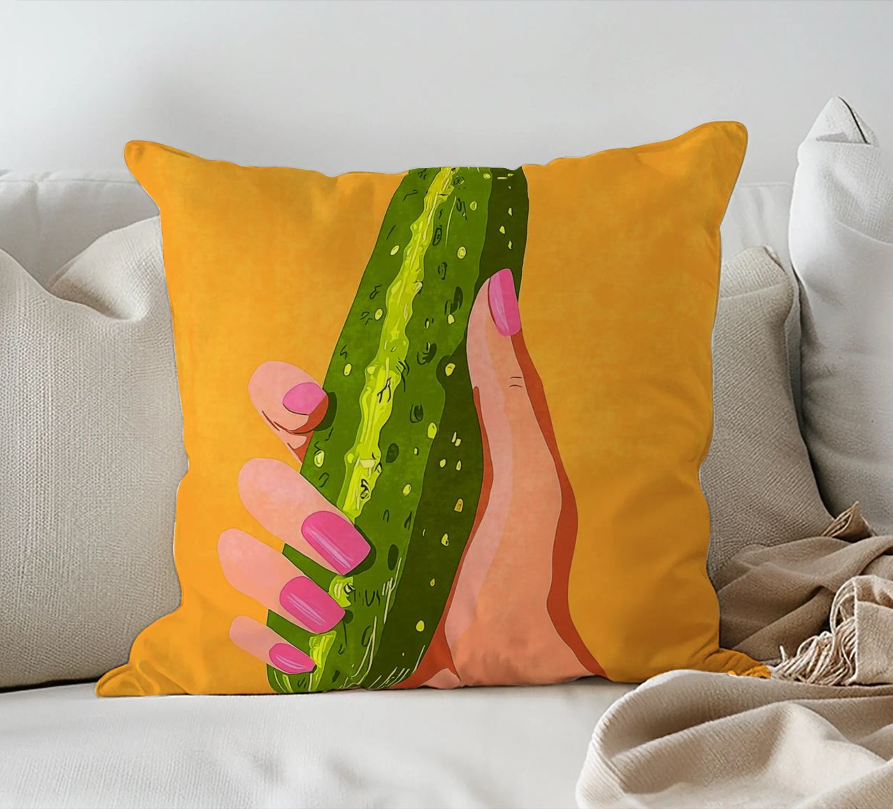 Pink fingernails and cucumber decorative cushion by Carinaprint