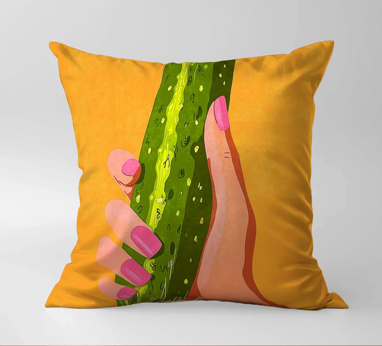 Pink fingernails and cucumber decorative cushion by Carinaprint