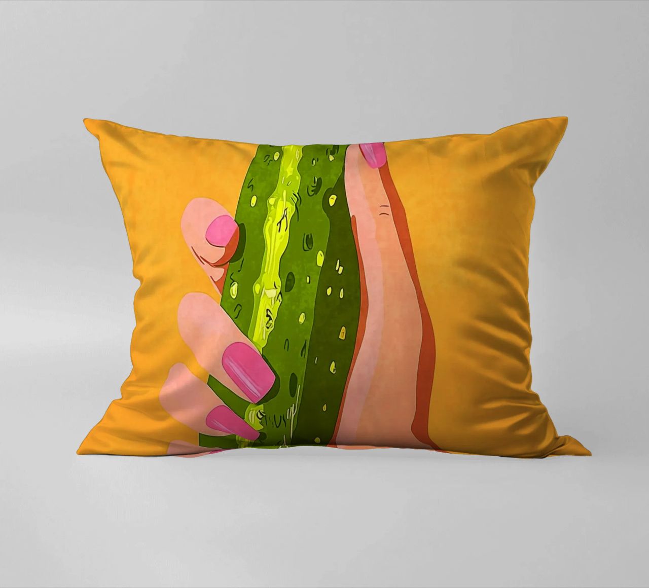 Pink fingernails and cucumber decorative cushion by Carinaprint