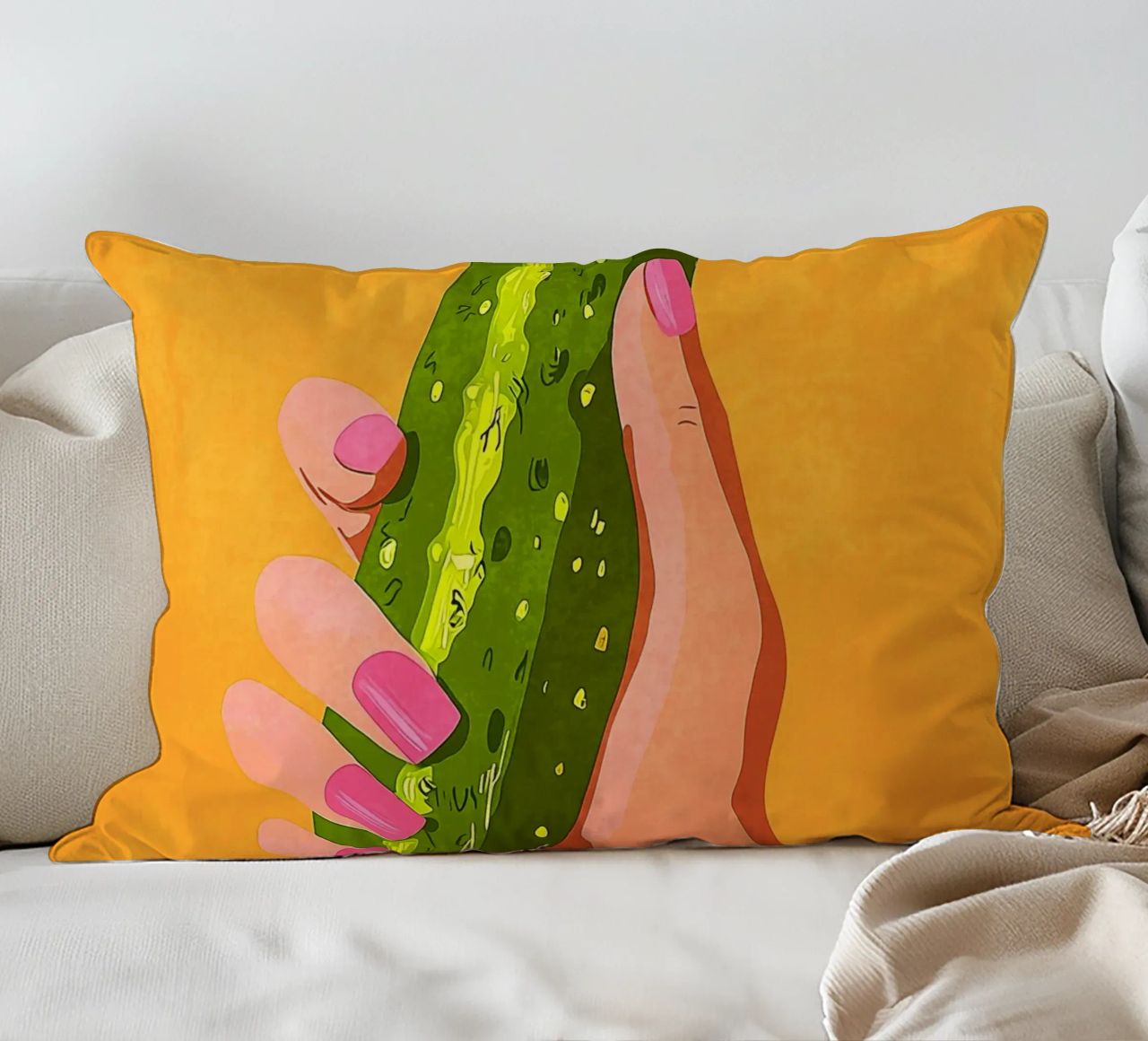 Pink fingernails and cucumber decorative cushion by Carinaprint