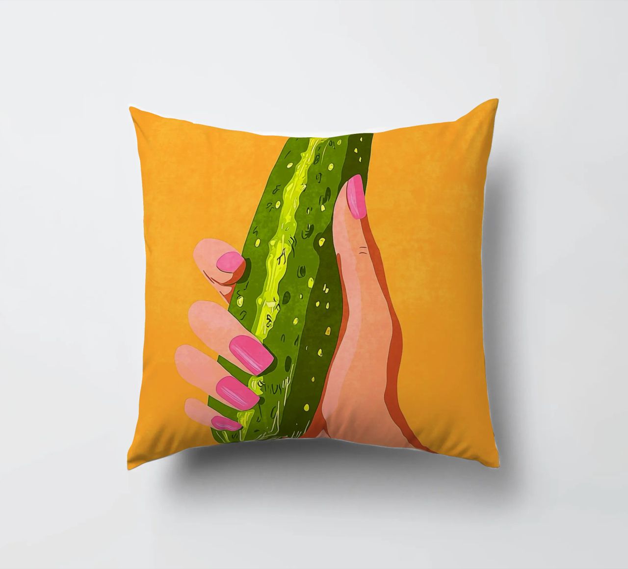 Pink fingernails and cucumber decorative cushion by Carinaprint