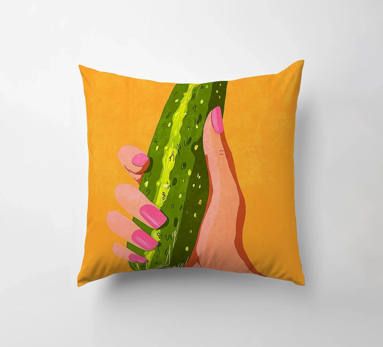Pink fingernails and cucumber decorative cushion by Carinaprint