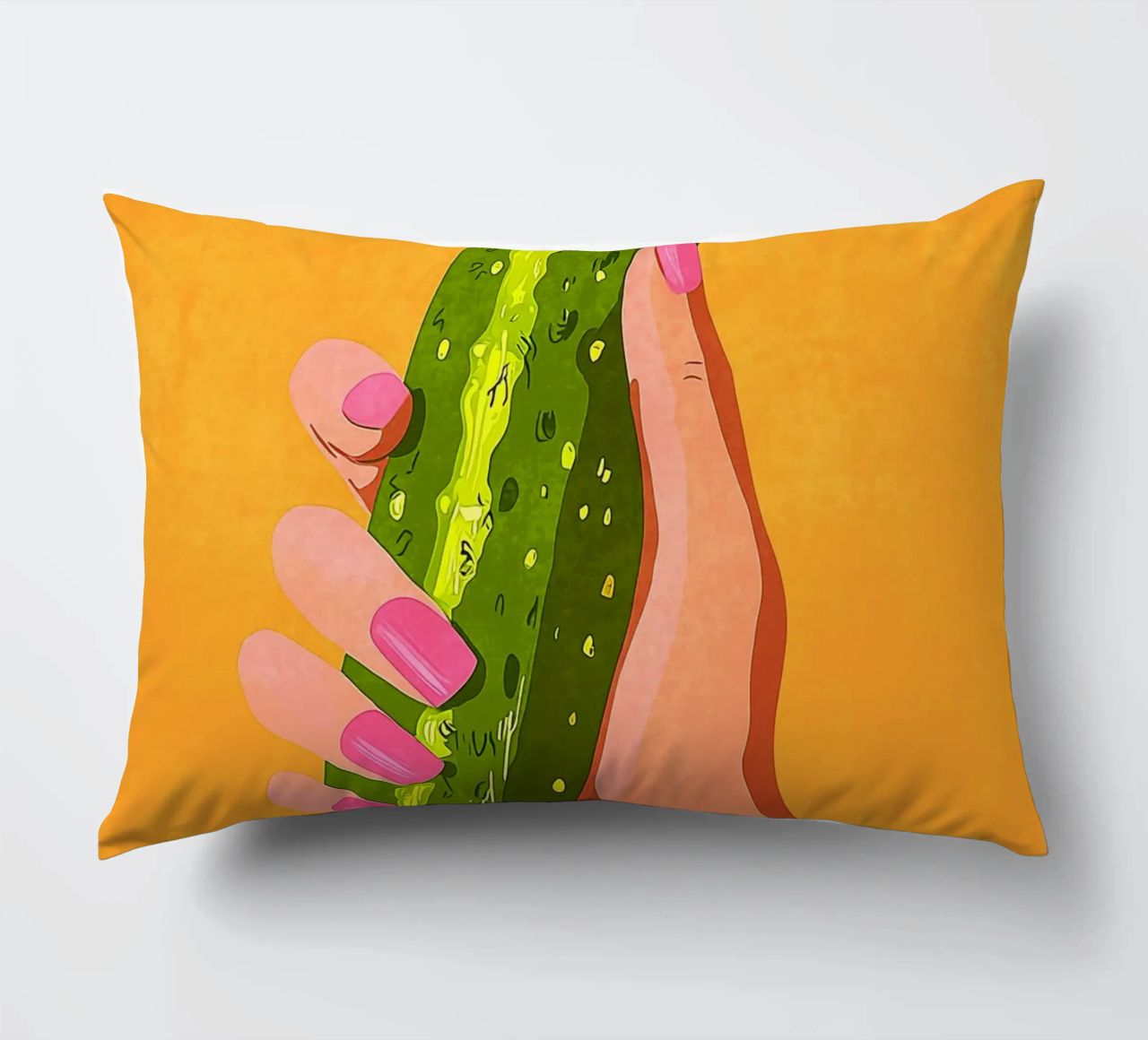 Pink fingernails and cucumber decorative cushion by Carinaprint