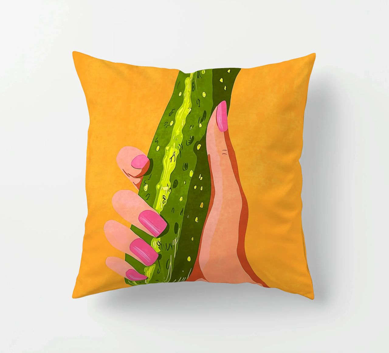 Pink fingernails and cucumber decorative cushion by Carinaprint