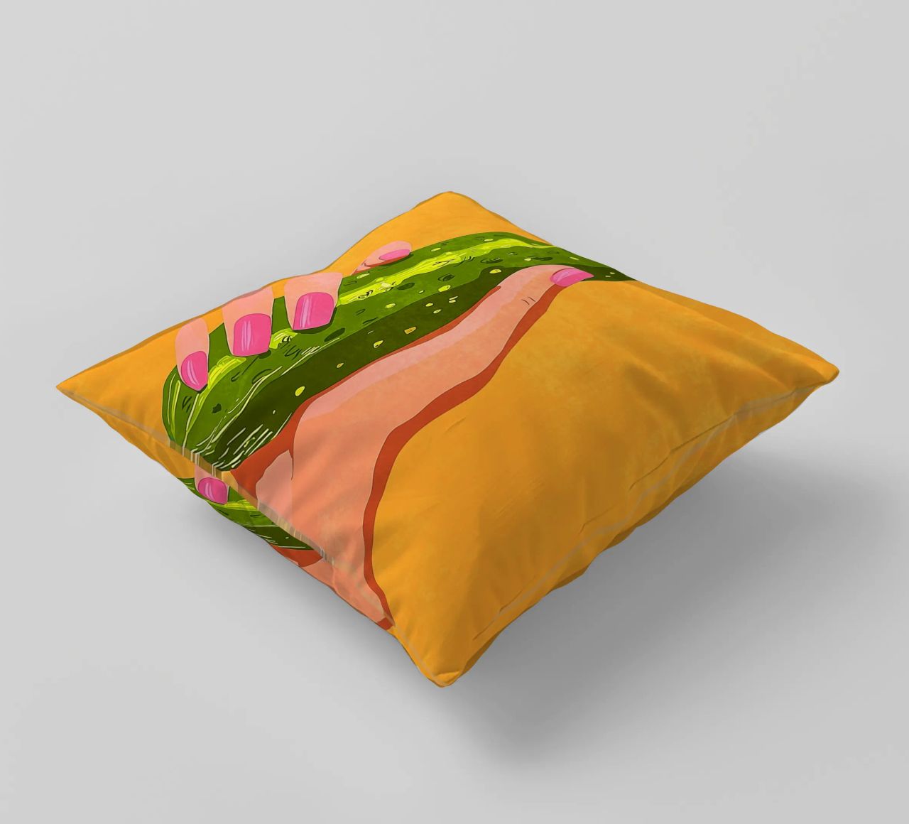 Pink fingernails and cucumber decorative cushion by Carinaprint