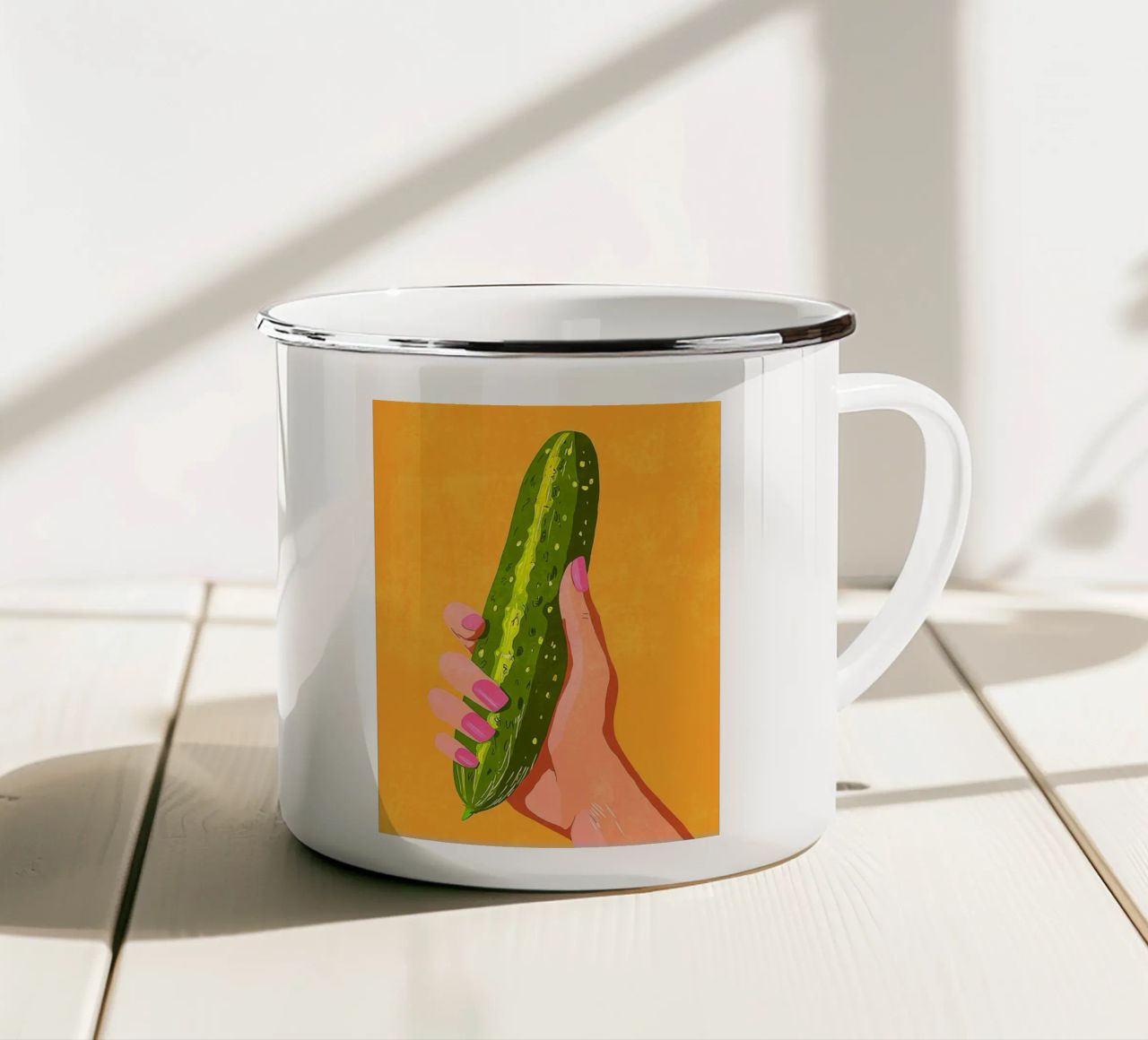 Pink fingernails and cucumber enamel mug by Carinaprint