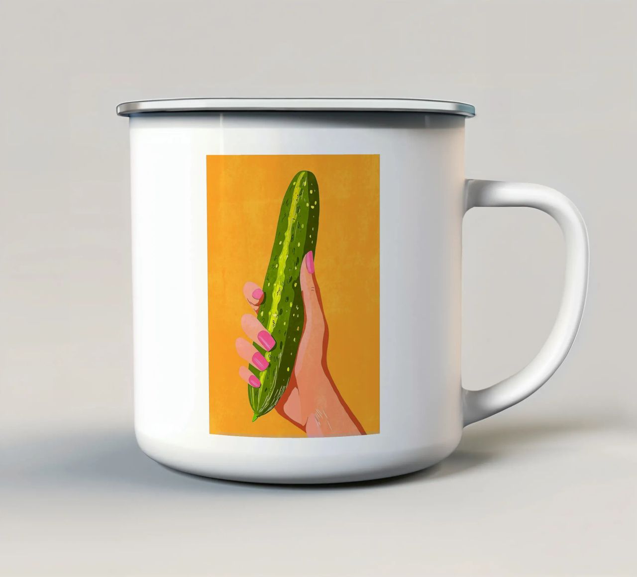Pink fingernails and cucumber enamel mug by Carinaprint