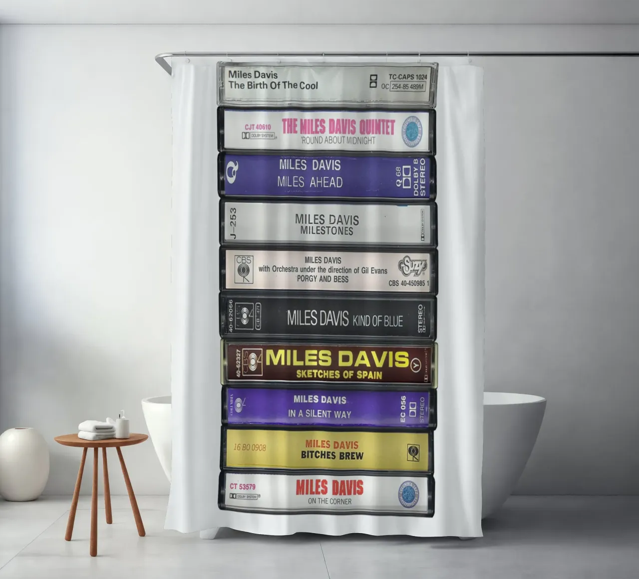 Miles Davis - Collected Albums - Cassette Print shower curtain by MrMustardPrints