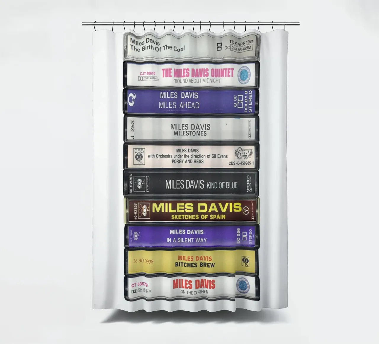 Miles Davis - Collected Albums - Cassette Print shower curtain by MrMustardPrints