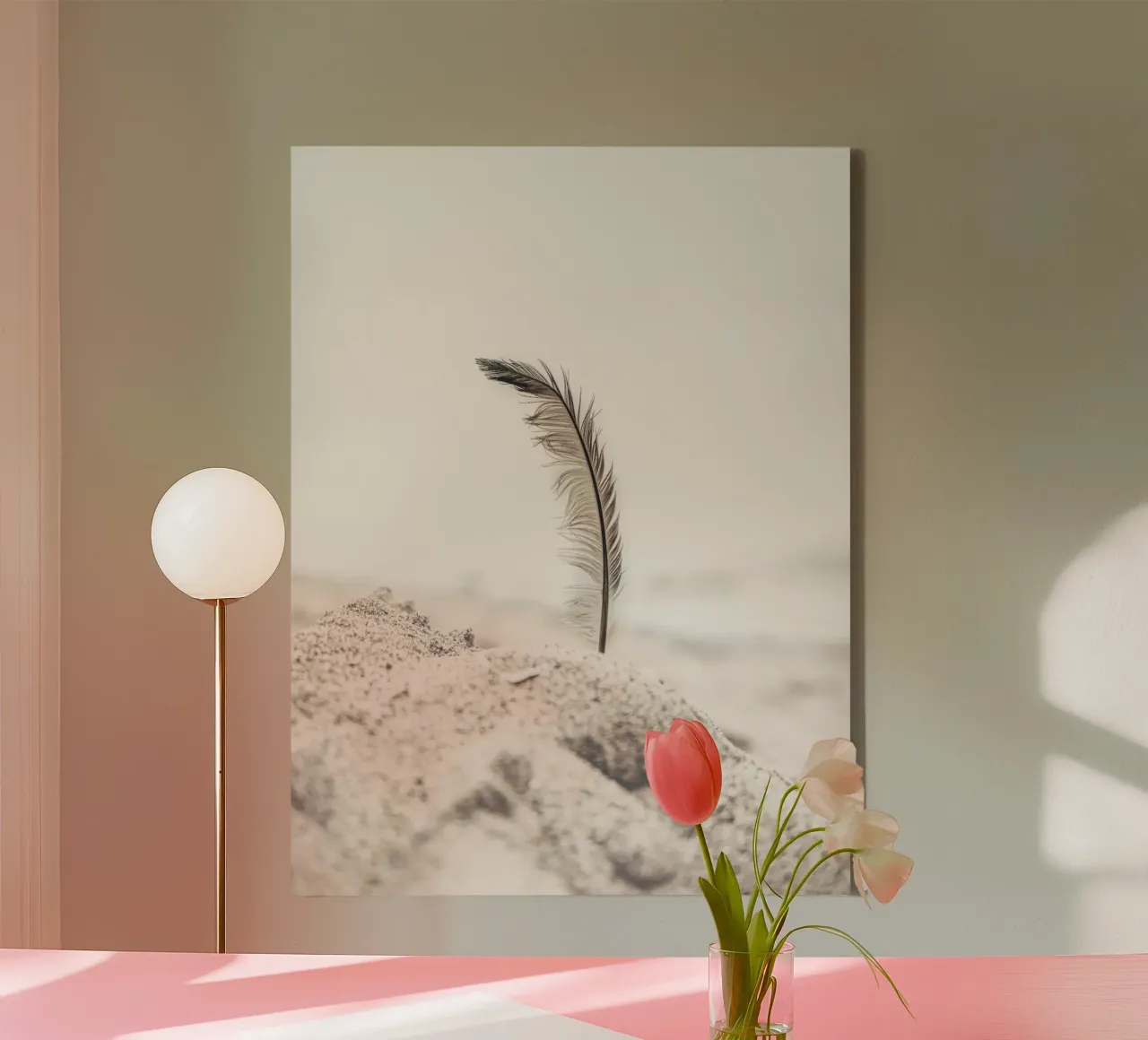 Feather in the sand - Gentle beach design canvas with Floater frame by Whole©