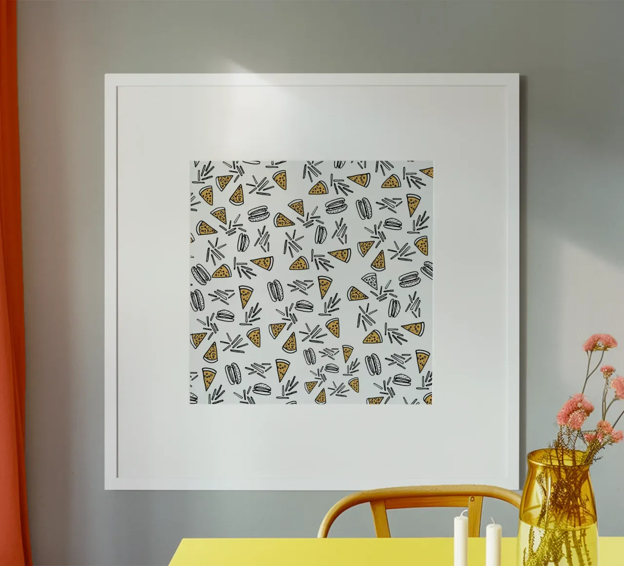 Burgers Pizza And Fries poster con telaio in legno da Vasare Nar