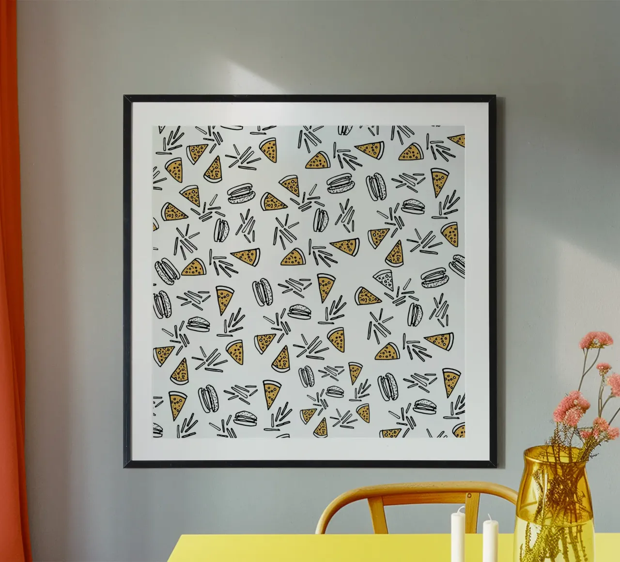 Burgers Pizza And Fries poster con telaio in legno da Vasare Nar
