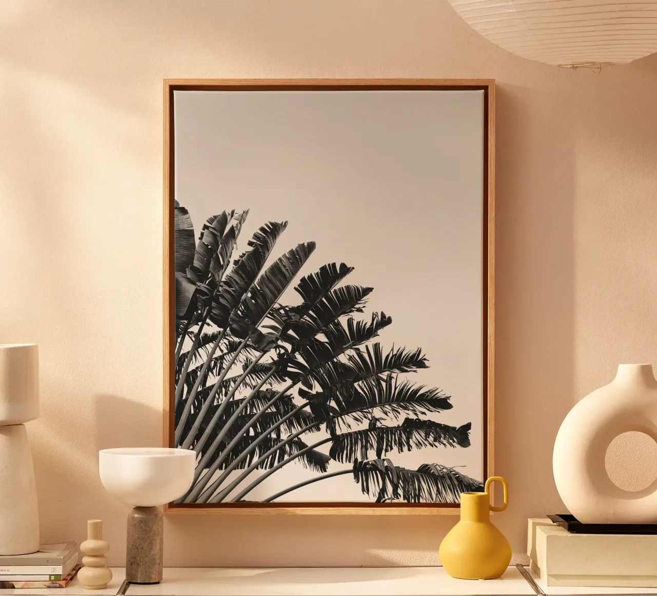 Monochrome Palm - Stylish nature motif for your home canvas with Floater frame by Whole©