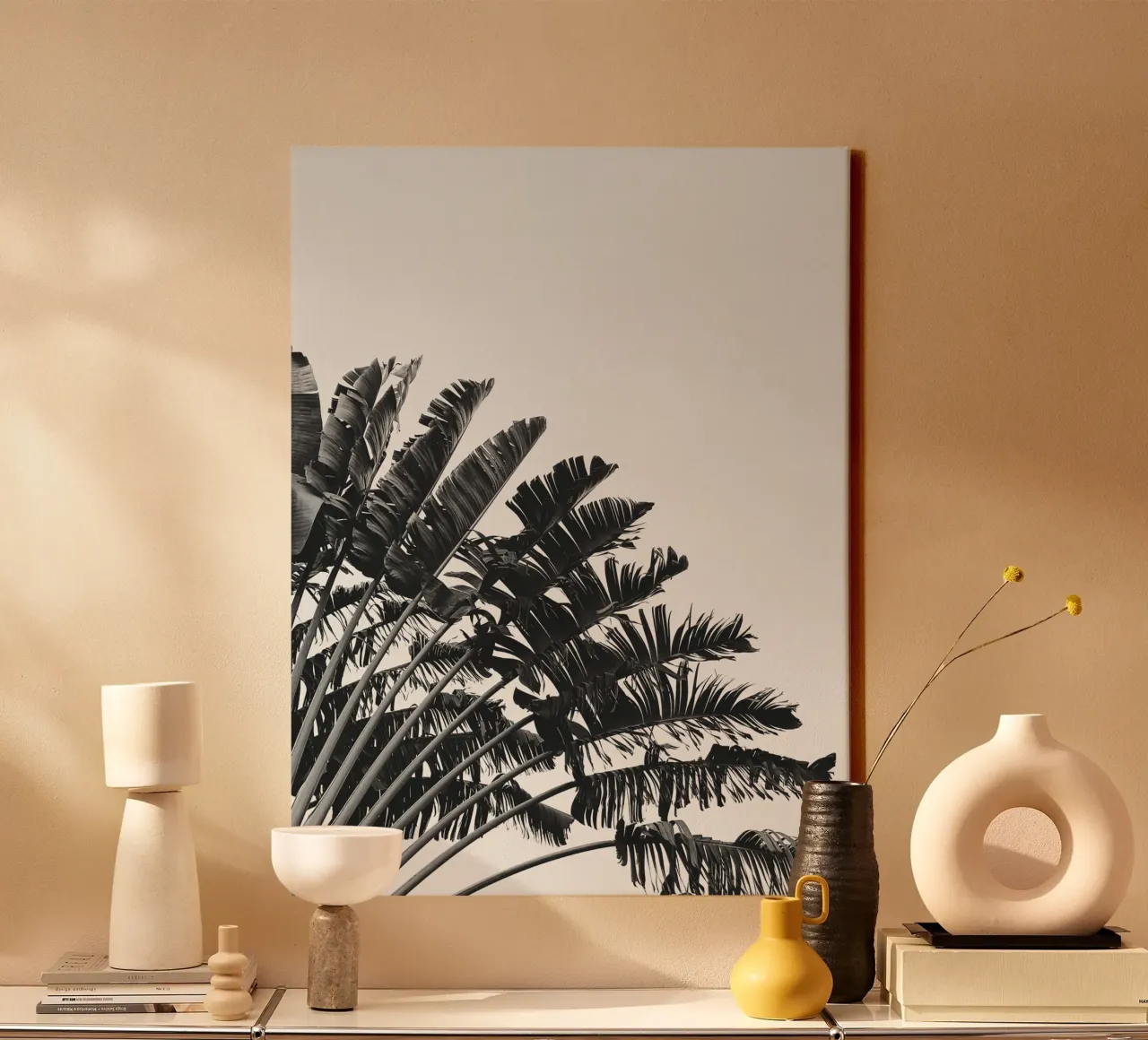 Monochrome Palm - Stylish nature motif for your home canvas with Floater frame by Whole©