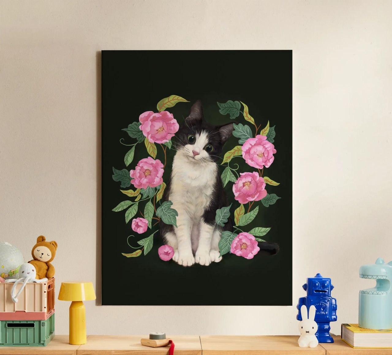 Tuxedokat in de rozentuin canvas van Laura Graves
