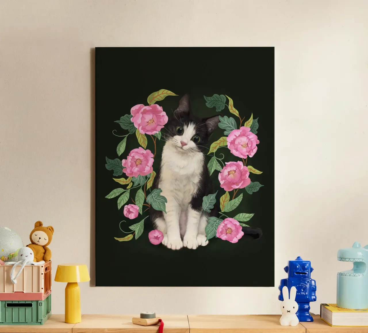 Tuxedokat in de rozentuin canvas van Laura Graves