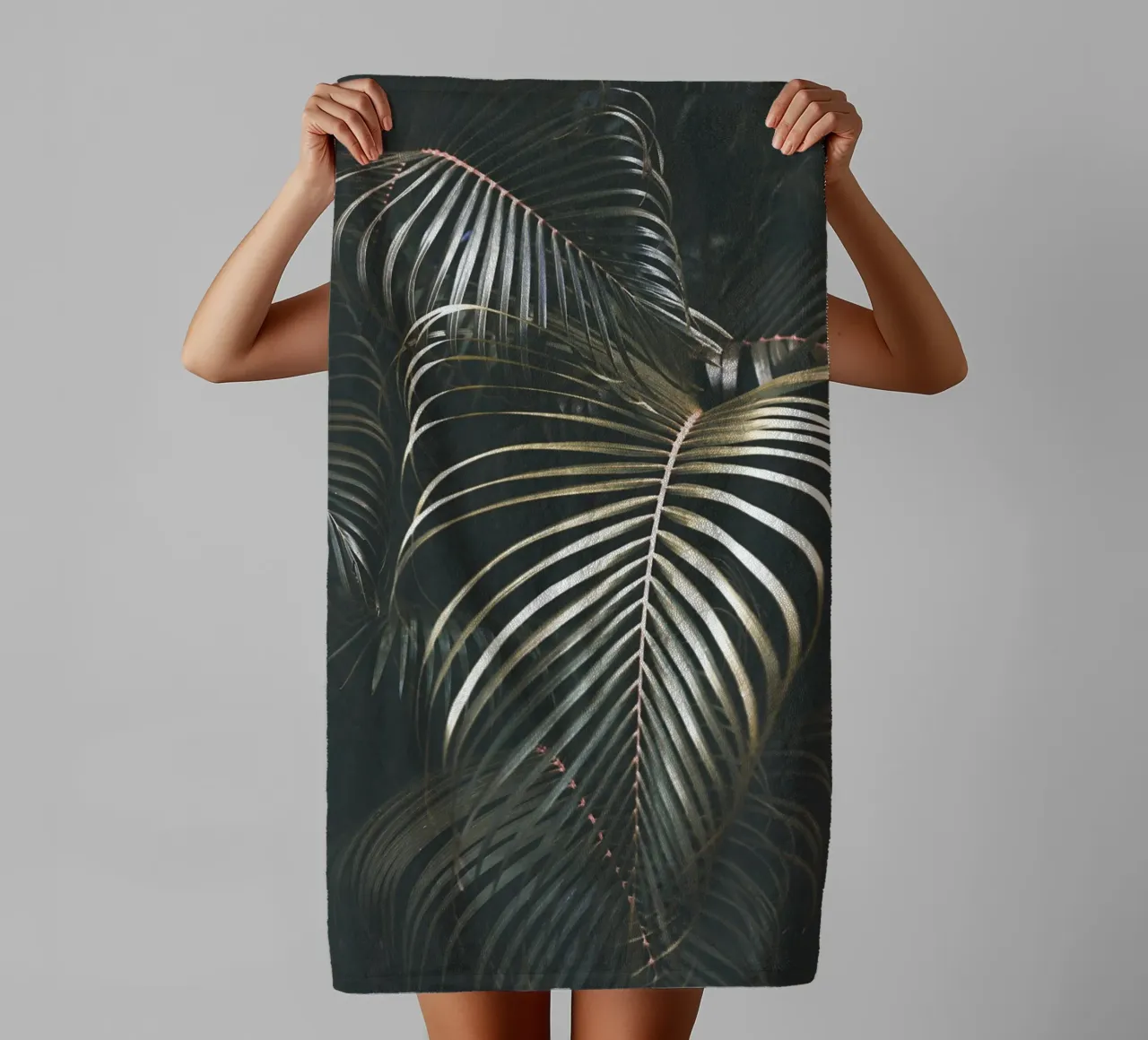 Tropical palm leaves - Dark, exotic design towel by Whole©