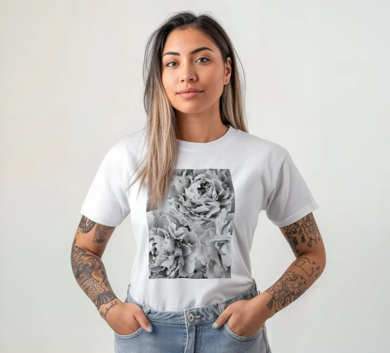 Peony splendour - Elegant black and white flowers t-shirt by Whole©
