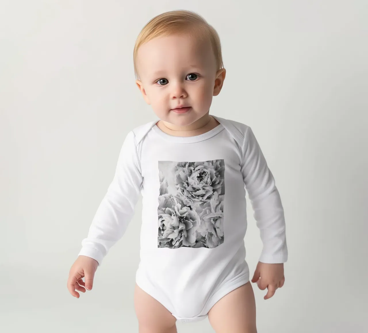 Peony splendour - Elegant black and white flowers long-sleeve baby romper by Whole©