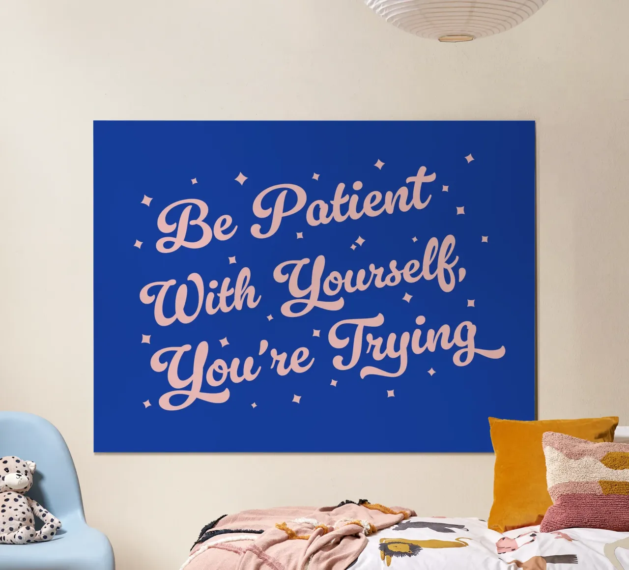 Sei geduldig mit dir selbst du versuchst Zitat (Blauer Ton) Poster mit Aluminium Rahmen von Paigaam Studio