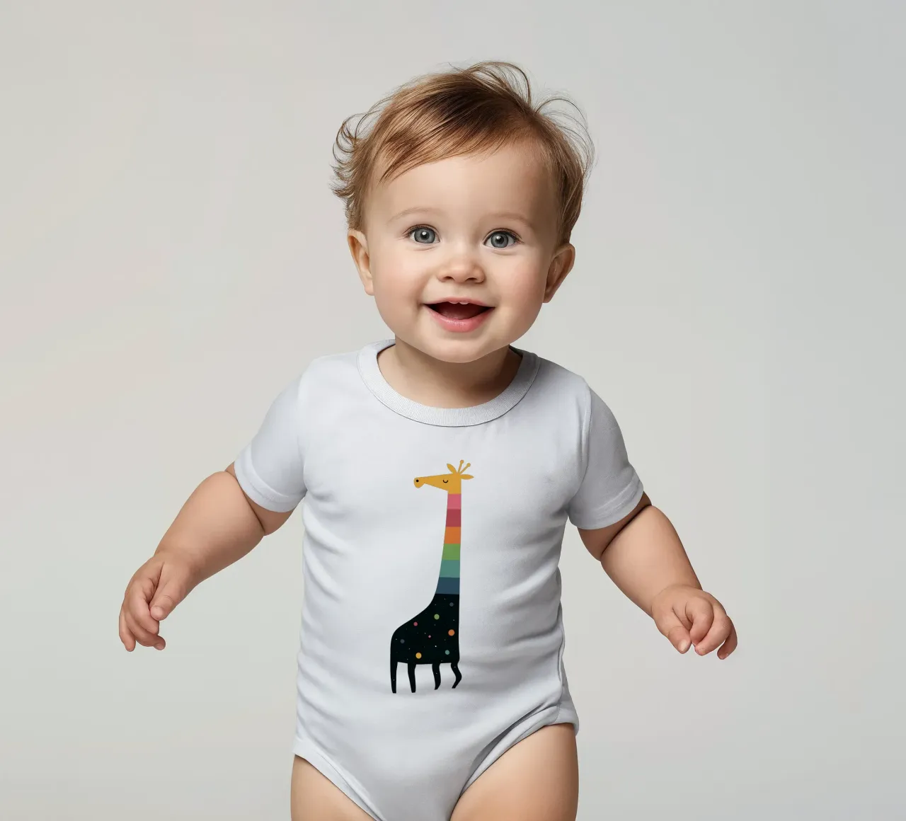 Galaxy Giraffe short-sleeve baby romper by Andy Westface
