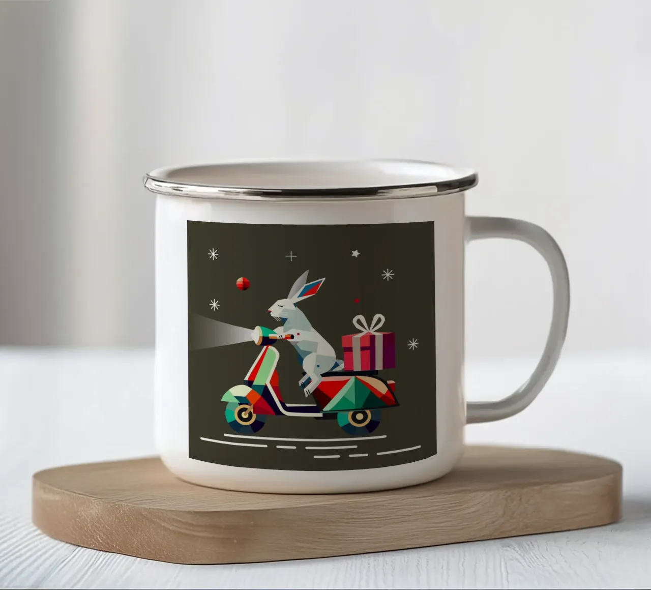 Coniglietto in monopattino - Motivo natalizio geometrico tazza in smalto da namosh