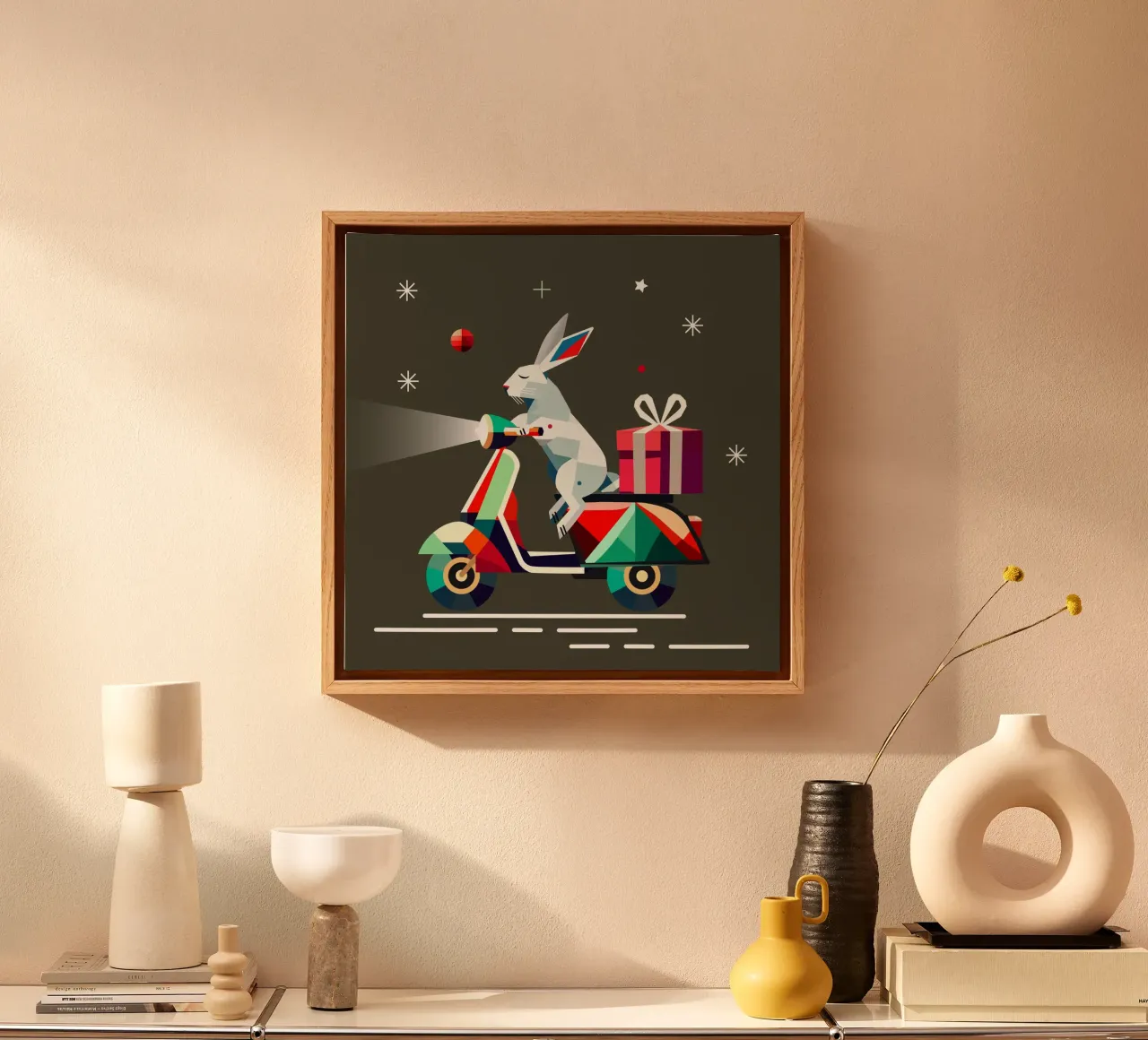 Bunny on a scooter - Geometric Christmas motif canvas with Floater frame by namosh