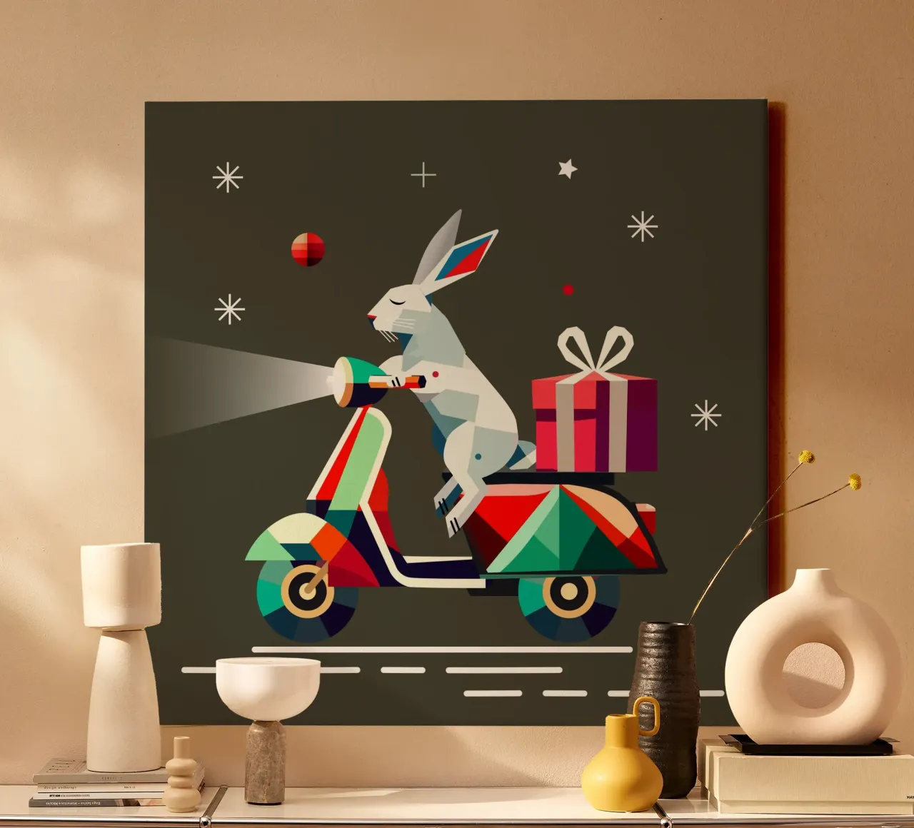 Bunny on a scooter - Geometric Christmas motif canvas with Floater frame by namosh