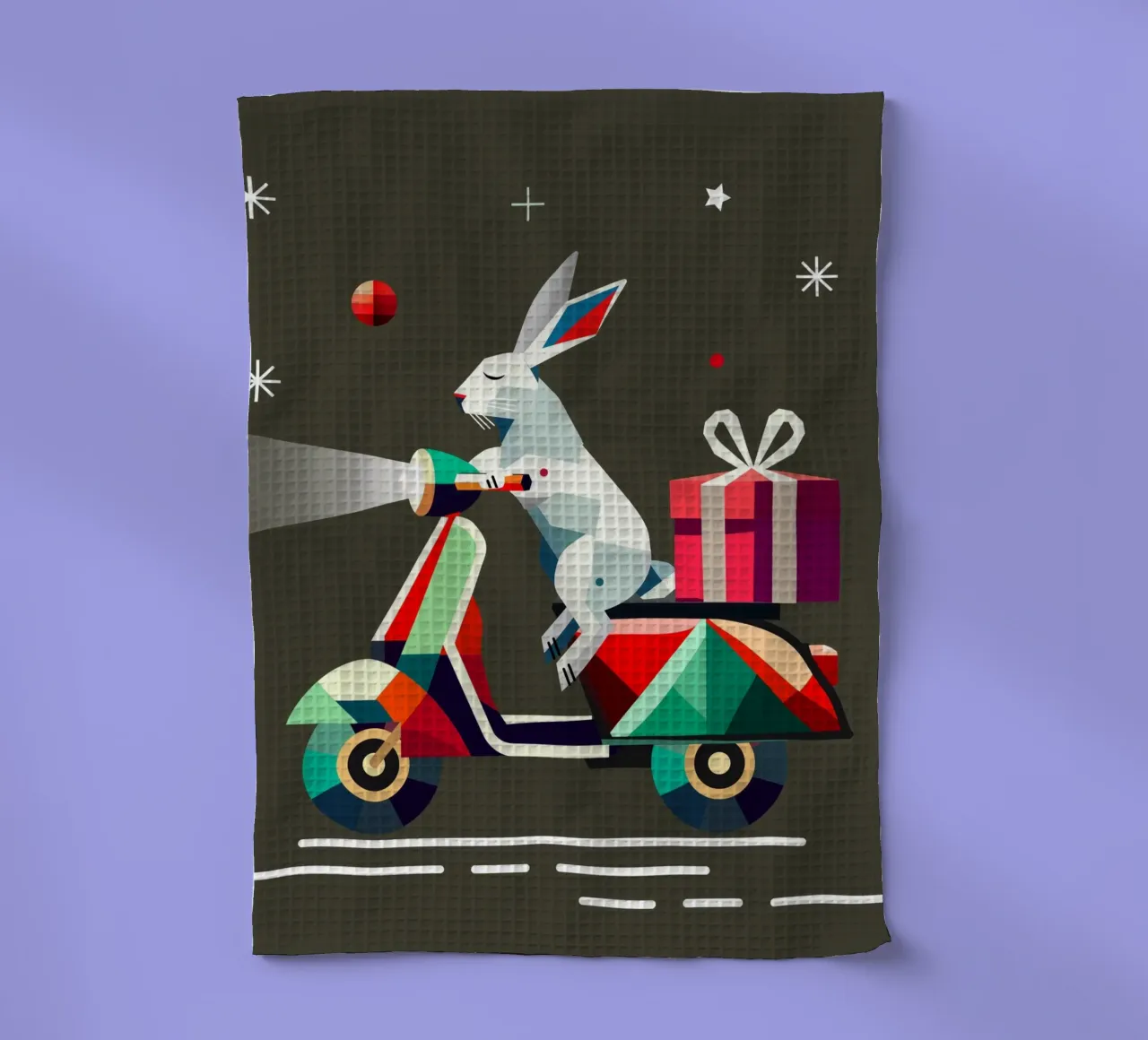 Lapin sur un scooter - Motif géométrique de Noël torchon de namosh