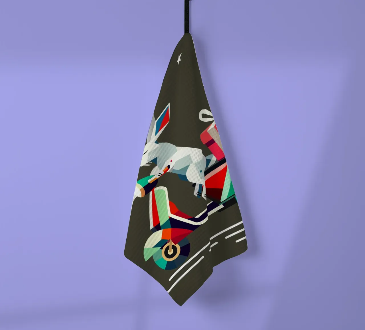 Lapin sur un scooter - Motif géométrique de Noël torchon de namosh
