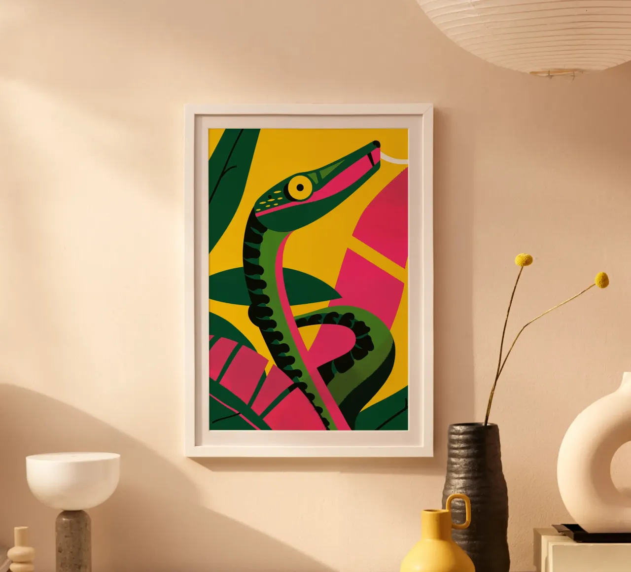 Serpente della giungla astratto con morso poster con telaio in alluminio da Autofocus