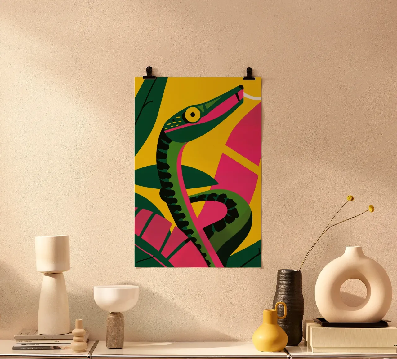 Serpente della giungla astratto con morso poster con telaio in alluminio da Autofocus