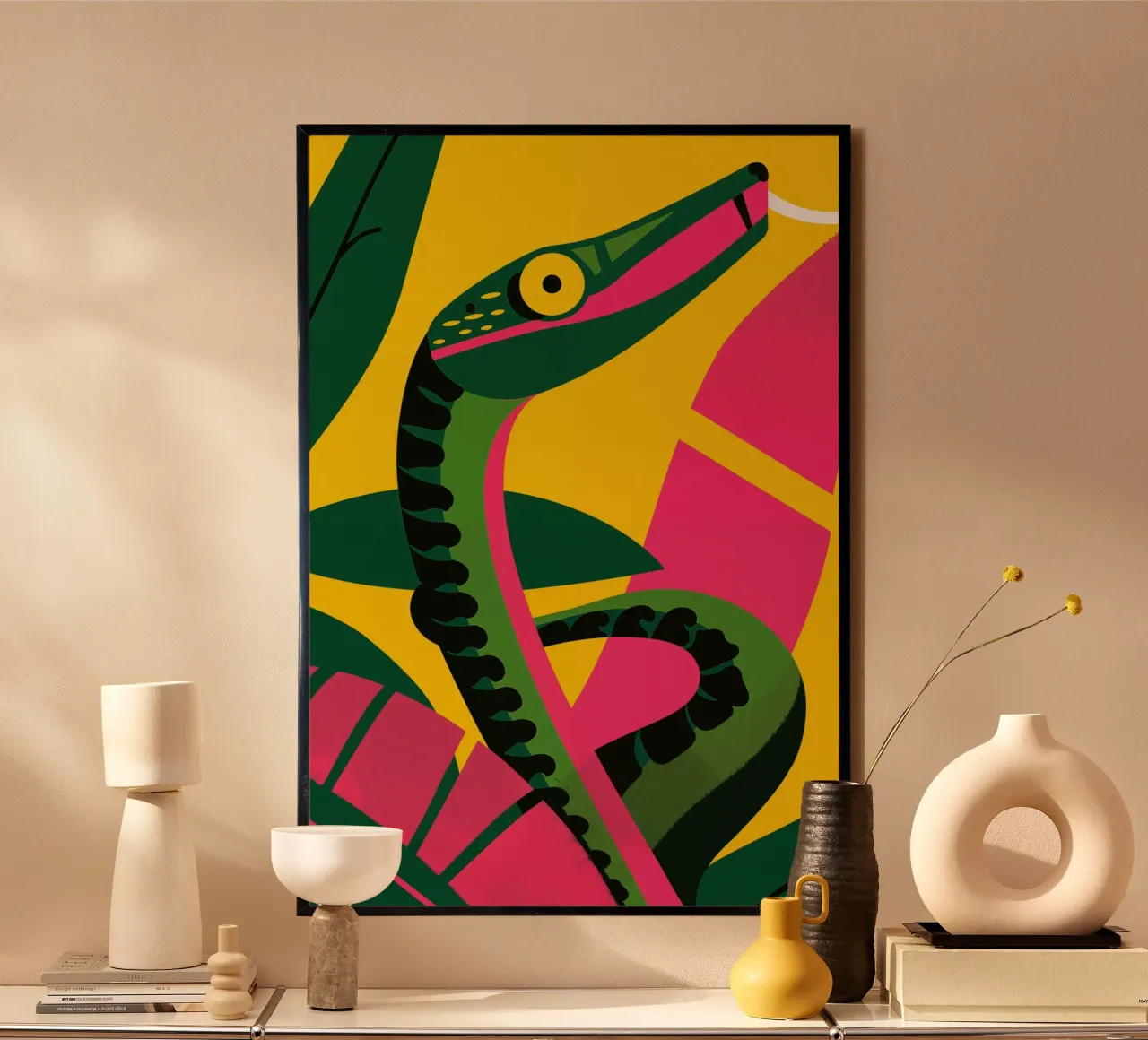 Serpente della giungla astratto con morso poster con telaio in alluminio da Autofocus