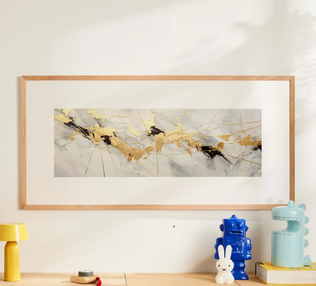 ABSTRAKTE KUNST Spruzzi d'oro poster con telaio in legno da Melanie Viola