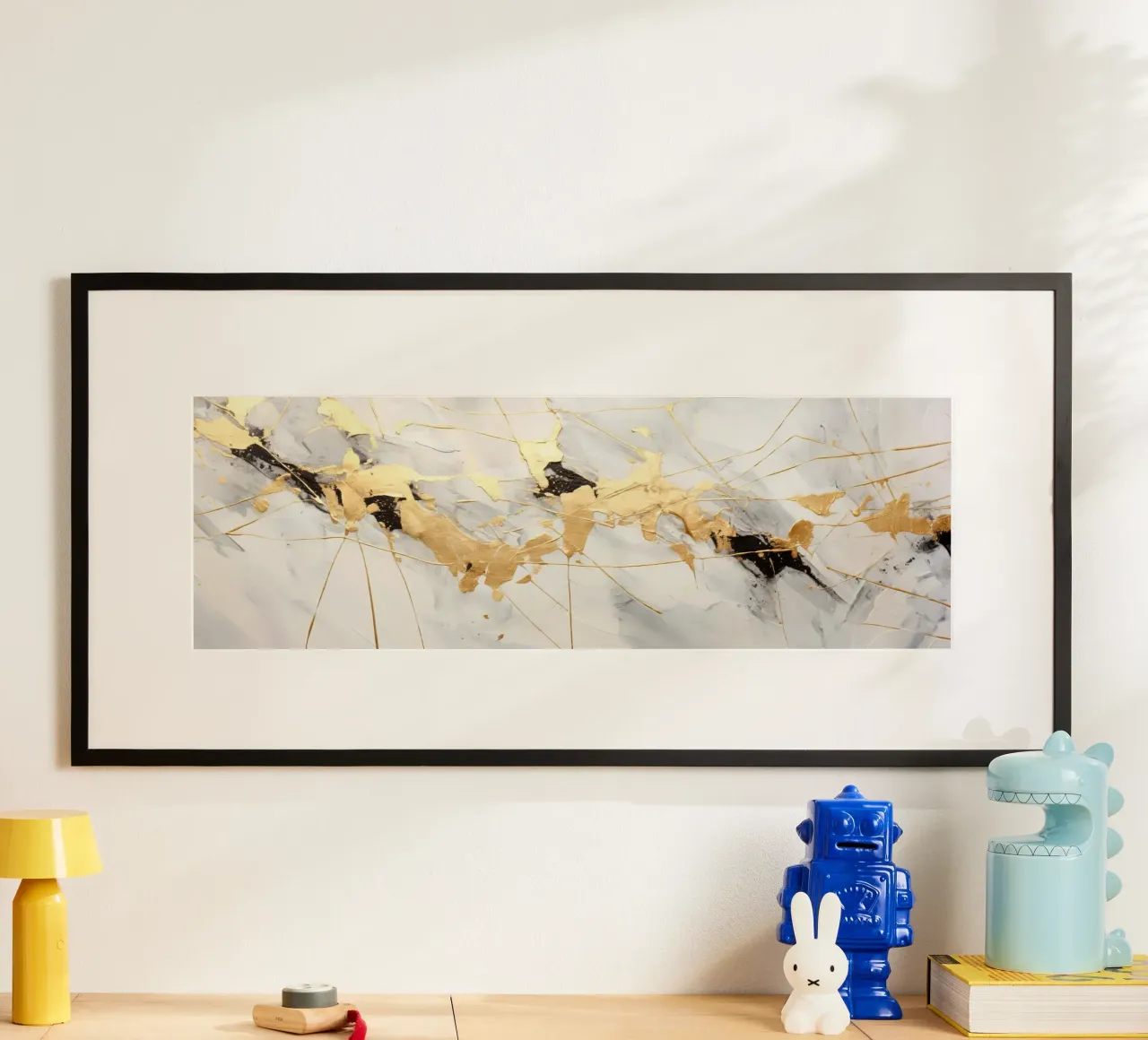 ABSTRAKTE KUNST Spruzzi d'oro poster con telaio in legno da Melanie Viola