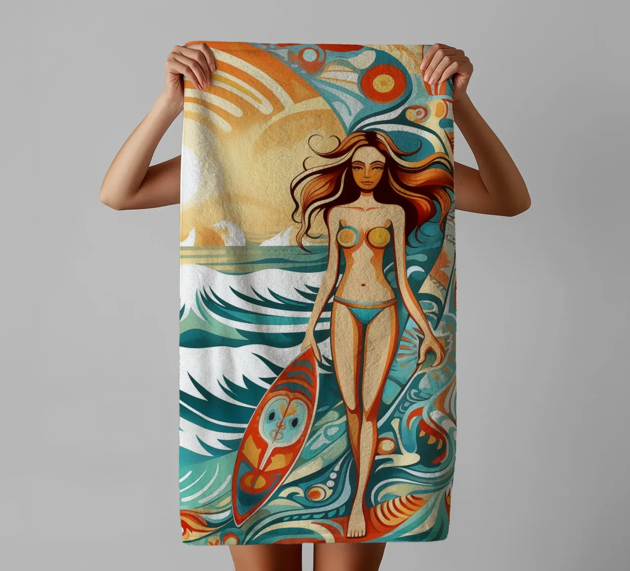 Vintage surf art in retro-psychedelic style towel by Autofocus