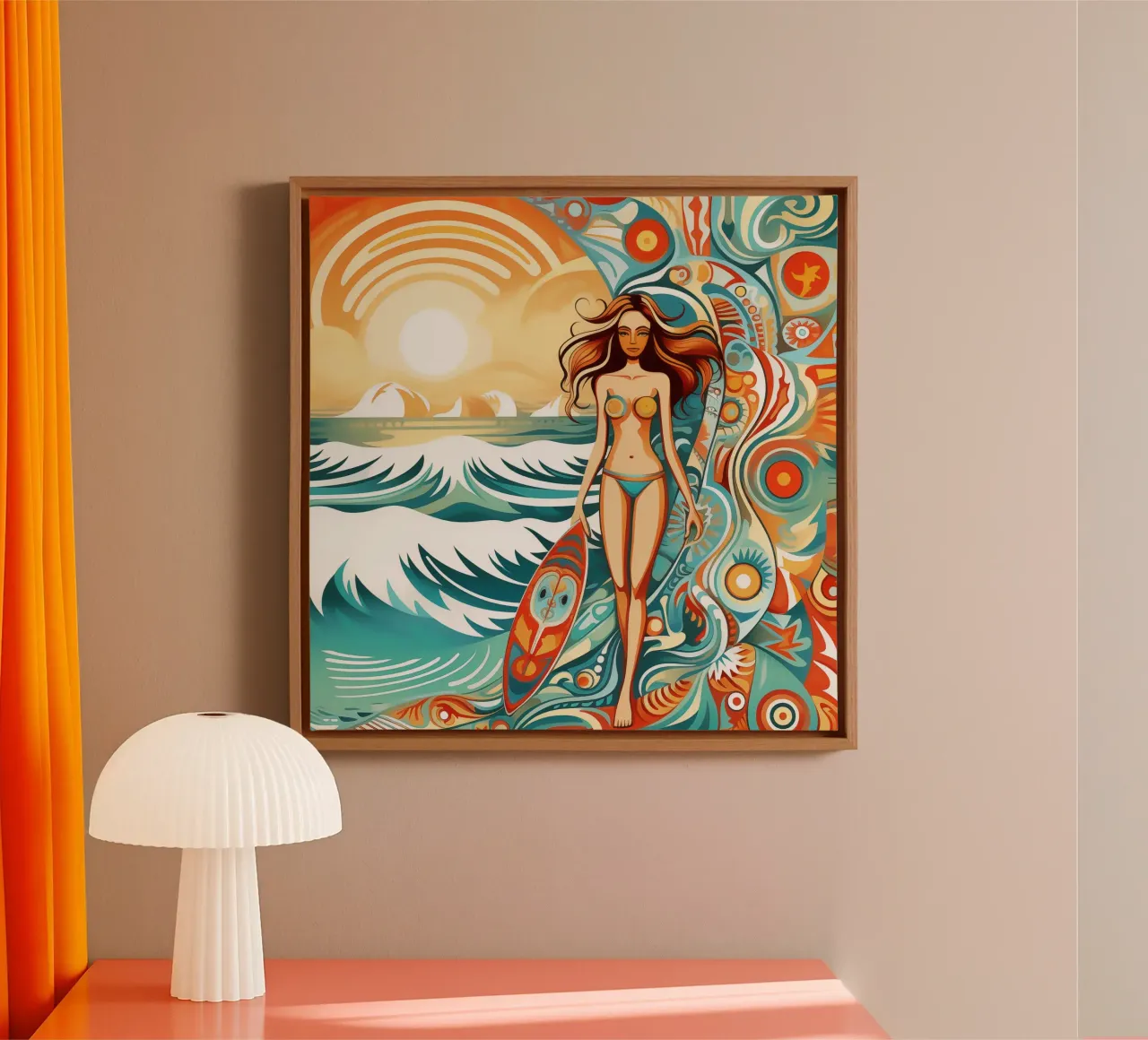 Vintage surf art in retro-psychedelic style canvas with Floater frame by Autofocus